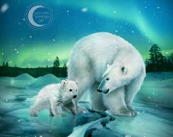 Polar Bears PRINT, Nothern Lights with Mother and baby bear wall décor, bear cub animal poster, aurora borealis landscape nature wall art