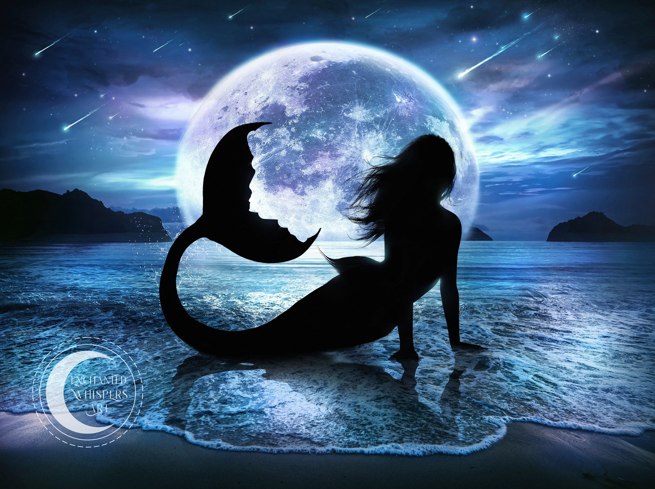 Celestial Mermaid Art Print, Super Moon Siren Silhouette Wall