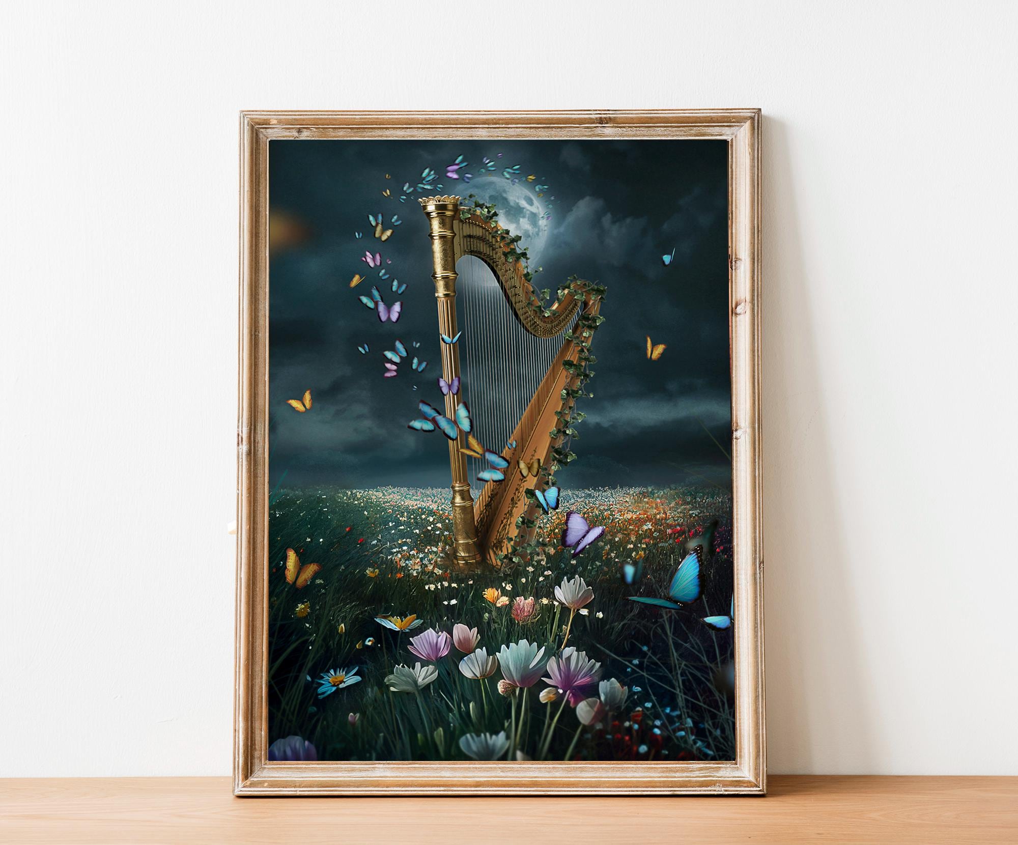 Whimsical Fantasy Harp Art Print - Mystical Musical Instrument