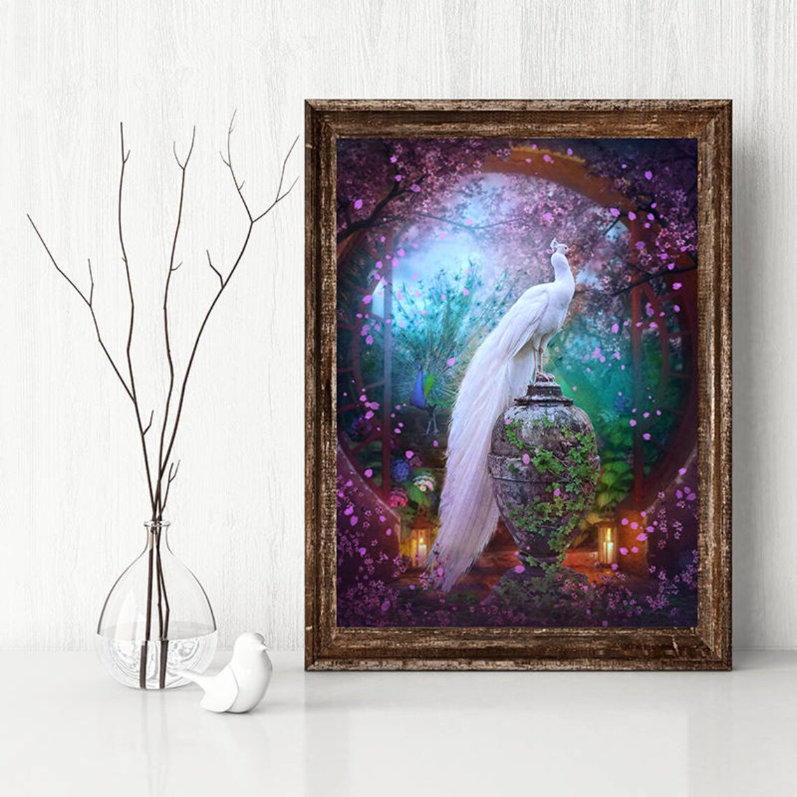 Fantasy peacock art print white peacock wall decor colorful Etsy