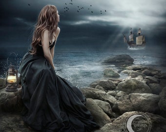 Fantasy Ocean Art Print – Woman & Ship Illustration, Romantic Nautical Décor