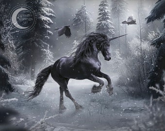 Black Unicorn fine ART PRINT winter crows landscape wall décor black horse poster mythology illustration black and white wall art Goth horse