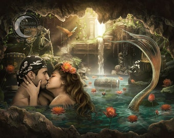 mermaid and pirate ART PRINT, fantasy siren wall décor, romantic couple mermaids, mermaid lover gift, fine art print, Mythical Romance