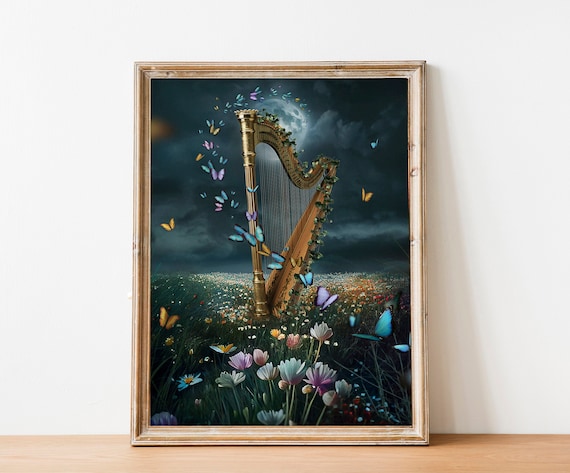 Golden Harp Art Print- Ethereal Butterfly Celestial Music Wall