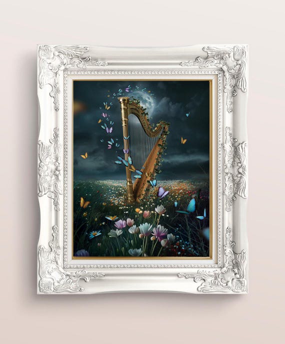 Whimsical Fantasy Harp Art Print - Mystical Musical Instrument