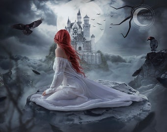 Fantasy Princess and castle ART PRINT crows and woman wall canvas art grey and white wall décor living room wall art Gothic  fine art print