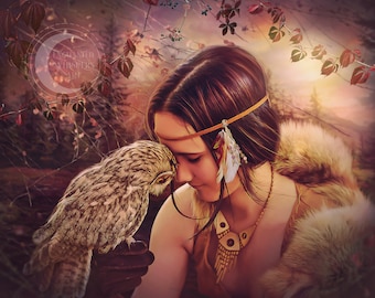 Spirit animal owl portrait art PRINT, fantasy wall décor in warm fall colors