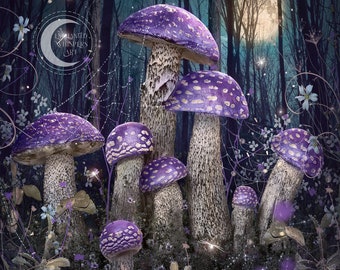 Cottagecore mushroom ART PRINT, purple toadstool, fungi wall décor, full moon, dragonfly print, woodland art, fairycore artwork, witchy art