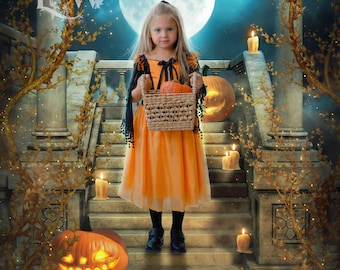 May include: A young girl in an orange dress and black lace trim holds a basket of small pumpkins. She is standing on a set of stone steps with lit candles and a jack-o-lantern. The background is a dark blue sky with a full moon and stars.