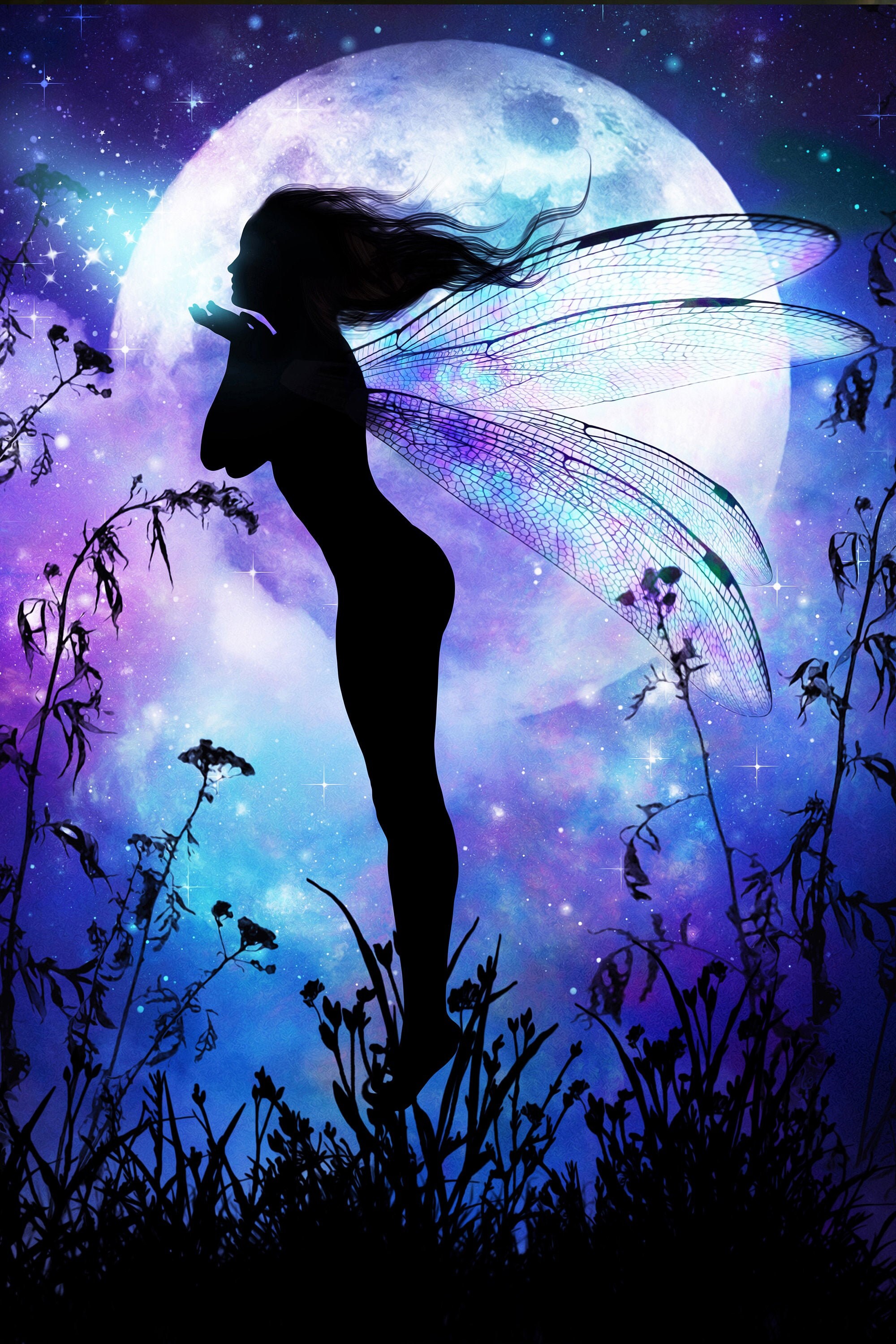 Fairy silhouette full moon art print purple and blue fae art Etsy