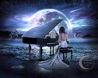 Moonlight Sonata PRINT, super moon wall décor, fantasy pianist, piano ocean sea with dolphins poster, dark Academia, nautical square print