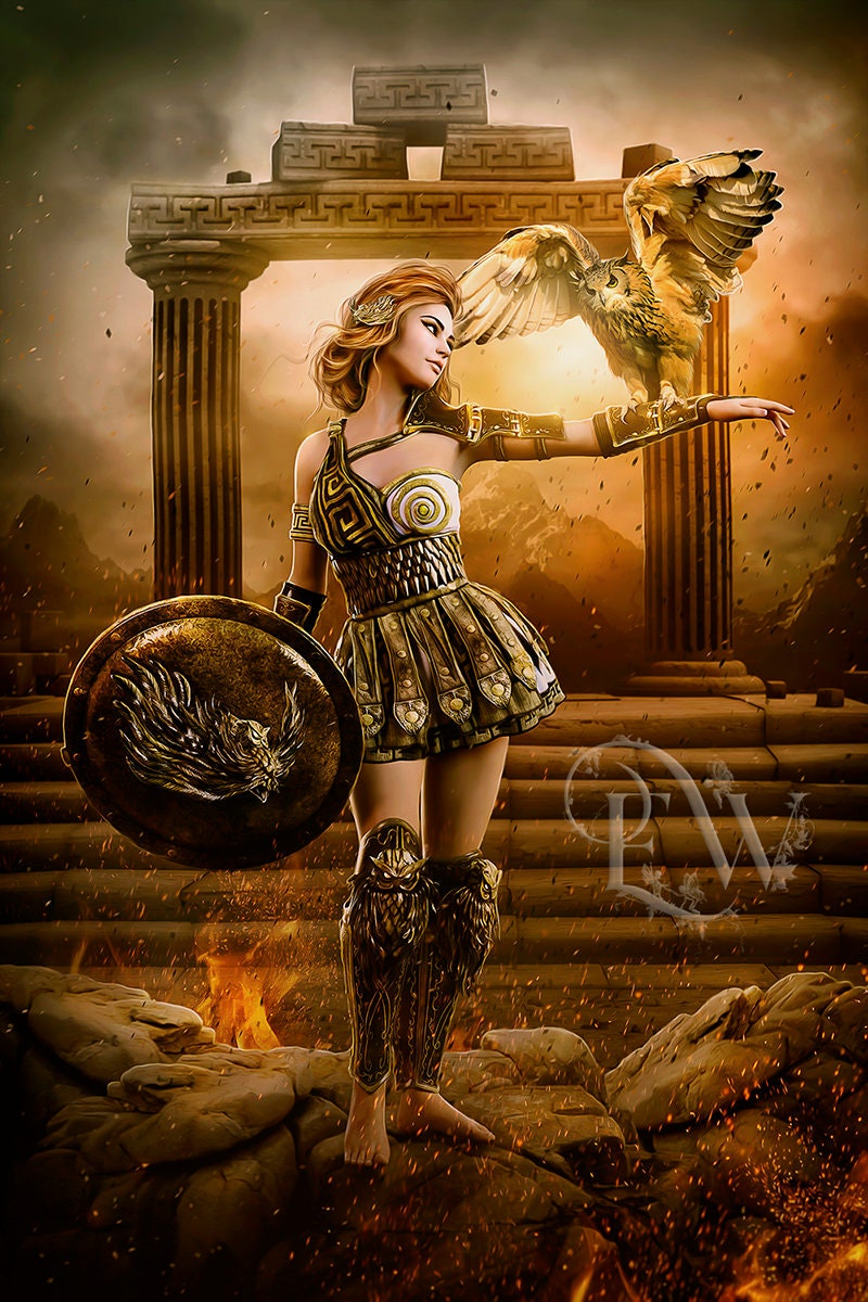 Athena Greek Goddess art print, owl art, digital art, Athena wall decor