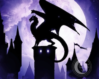Purple Dragon Wall Art – Fantasy Moonlit Castle Print, Gothic Fairytale Décor