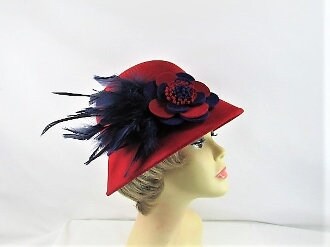 Felt Feather Flower Cloche Red Hat (WCC157)