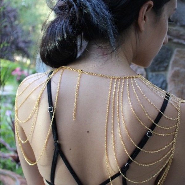 Gold Körper Kette Harness Halsband Festival Schmuck Festival Zubehör Schulter Kette Körper Kette Körper Schmuck Gold Schulter Chain