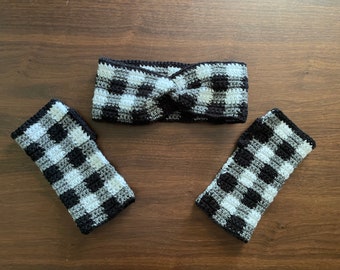 PATTERN ONLY *** Buffalo Plaid Ear Warmer & Fingerless Gloves