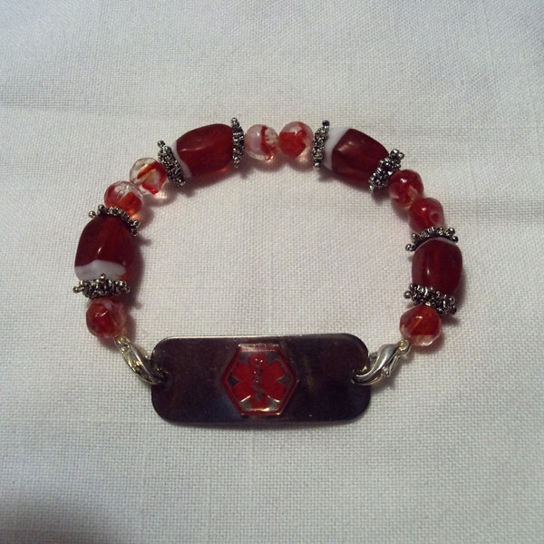 Medical ID replacement bracelet red white marbled glass beads stretch handcrafted