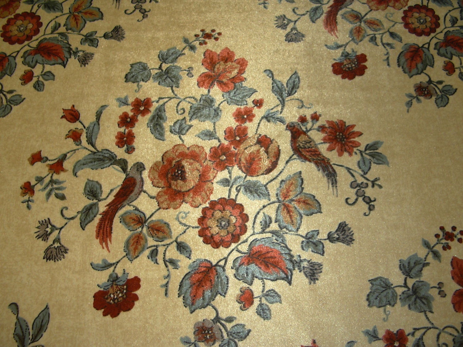 Retro Upholstery fabric cut velvet floral bird design blue Etsy