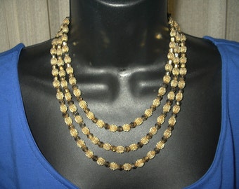 Vintage Crown Trifari necklace 3 strands Gold plated crystal beads RARE 1950's