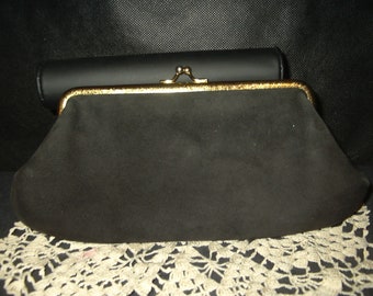 Vintage clutch purse black suede gold tone frame evening hand bag