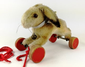 Steiff Hopping Rabbit on Wheels with ID 6 inches vintage made 1950 to 1964