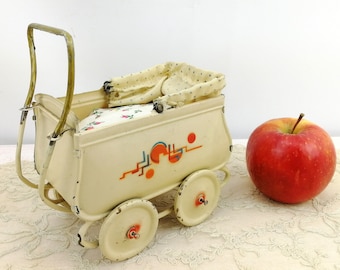Art Deco tin doll stroller pram baby buggy 1920s German made 5 inches long polka dotted hood