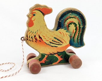 Wooden Rooster Pull Toy small 5 inches tall colourful 1950s vintage