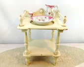 Large antique doll washstand vanity with porcelain basin and pitcher