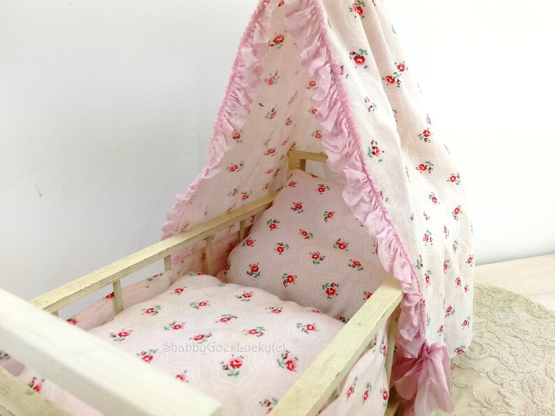 Vintage Doll Bed With Canopy on Wheels Flowery Original Etsy