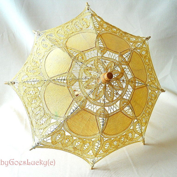 Large shabby yellow cotton lace dolls parasol umbrella, vintage doll size parasol sunshade with metal frame & wooden handle