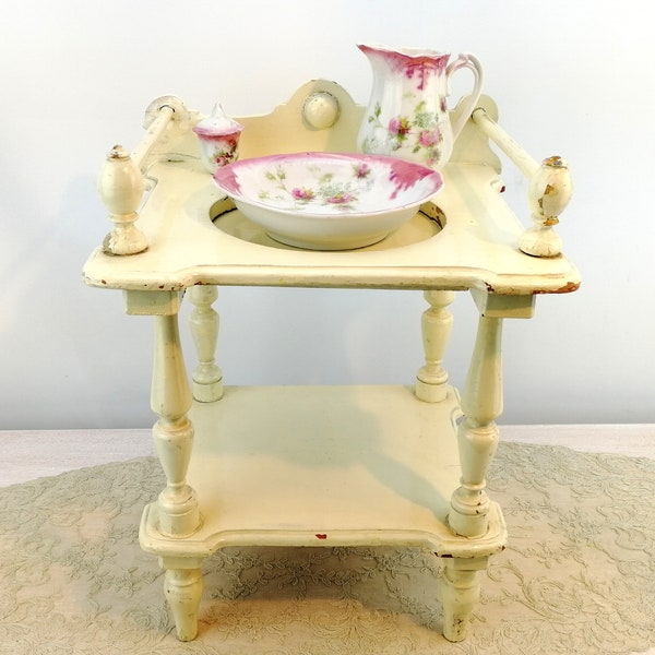 Large antique doll washstand vanity with porcelain basin and pitcher