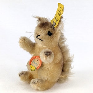 May include: A small, beige, plush squirrel toy with a brown nose and black eyes. The toy has a tag that says "Steiff Original  -  Made in Germany  -  Posy".
