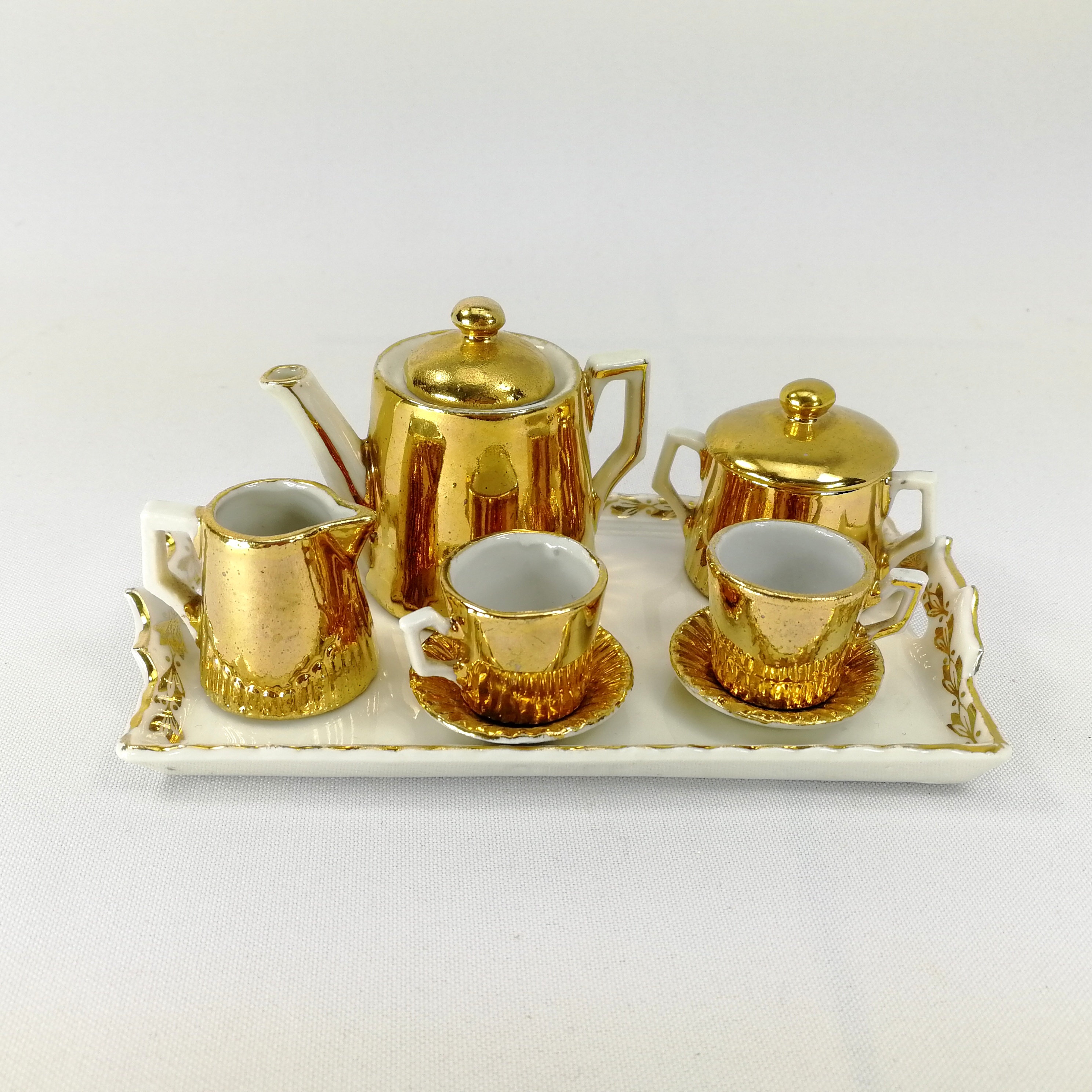 Tea or Coffee Set Service on Tray 1910s China gold white miniature for dolls or bears