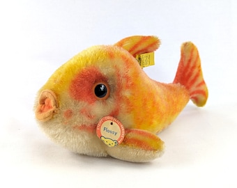 Steiff Fish Flossy tutti gli ID Red Gold taglia media 11 pollici vintage prodotto dal 1965 al 1967