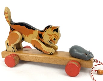 Vintage Wooden Pull Toy Gato y Ratón Mecánico 1950s hecho en Alemania