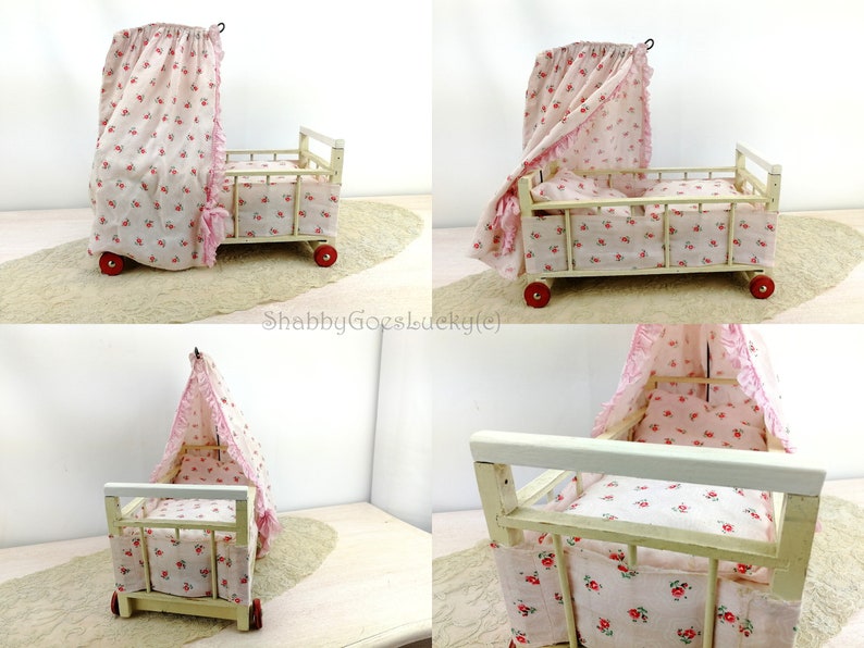 Vintage Doll Bed With Canopy on Wheels Flowery Original Etsy