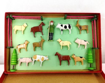 German Erzgebirge Miniature wooden farm mint in box vintage 1950s