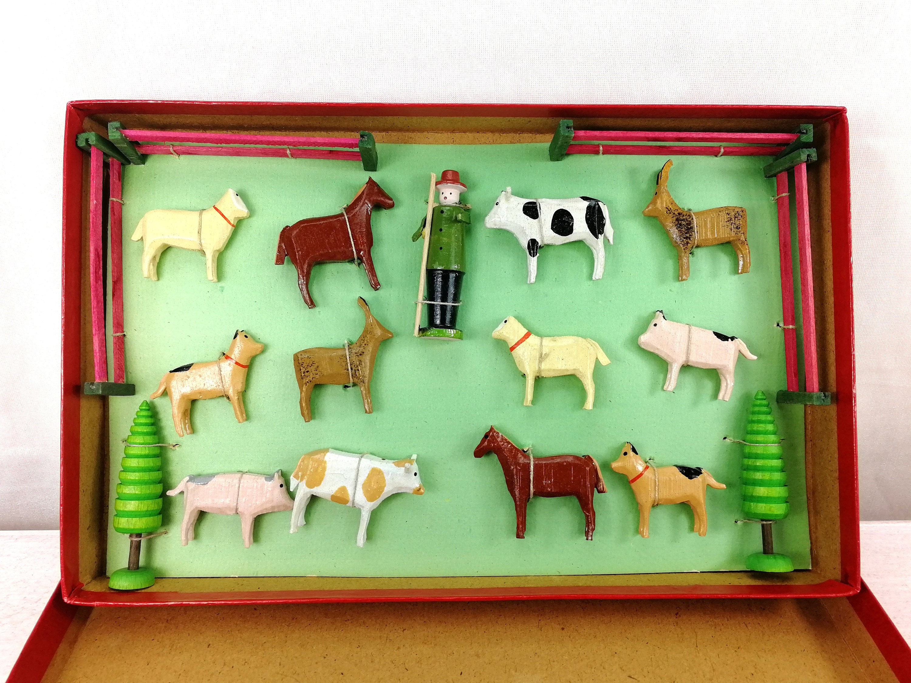 German Erzgebirge Miniature Wooden Farm Mint in Box Vintage 1950s