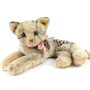 Steiff Cat Fiffy with IDs largest 12 inches lying Tabby vintage 1955 to 1962 produced