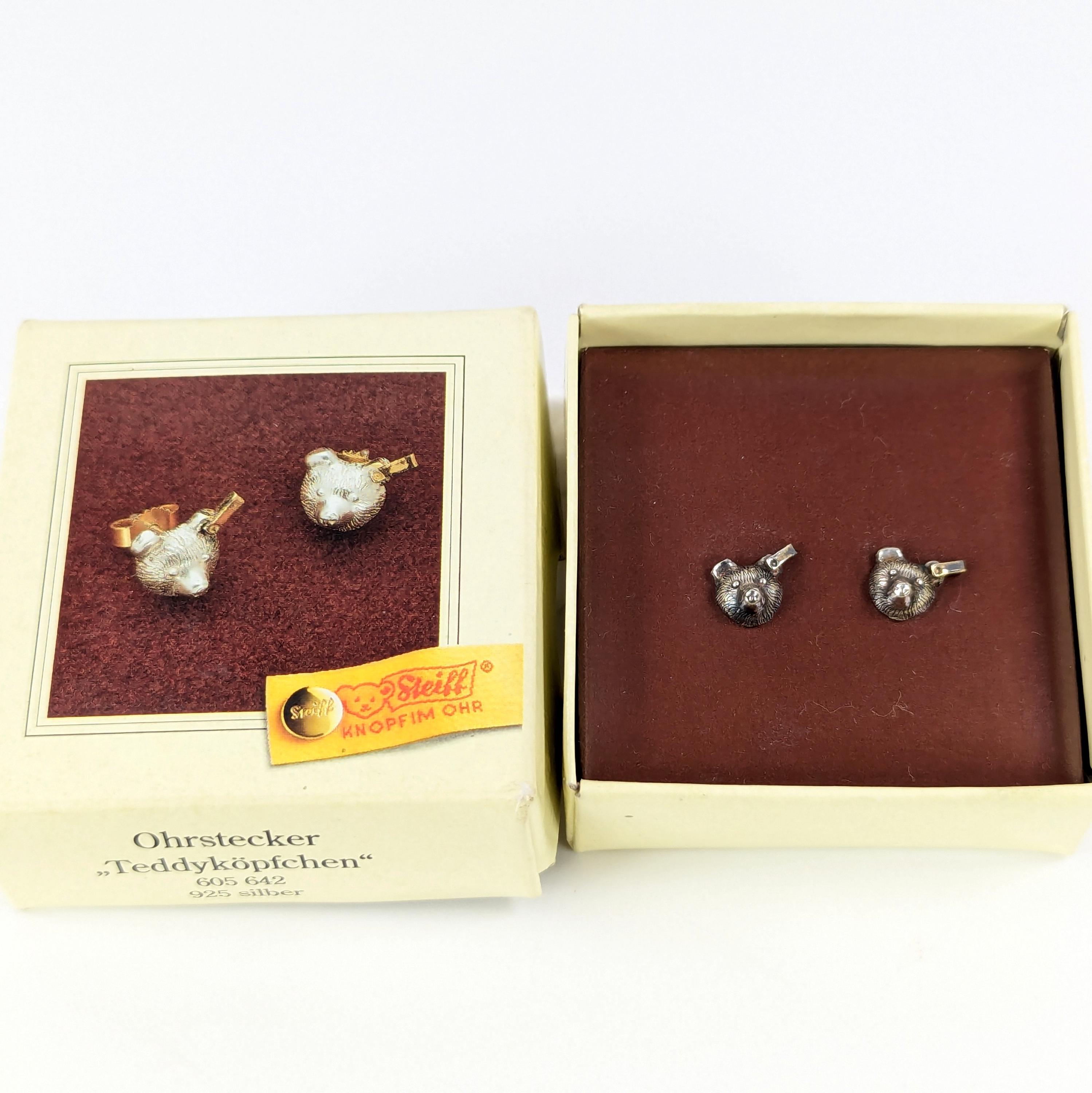Steiff Teddy Bear Head Pair of 925 Sterling Silver Pierced