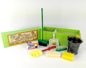 Dollhouse Cleaning Set utensils in original box 1970s German vintage never used