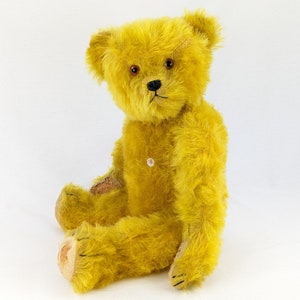 Ours en peluche Petz avec carte d'identité 40 cm en mohair jaune, allemand vintage des années 1950