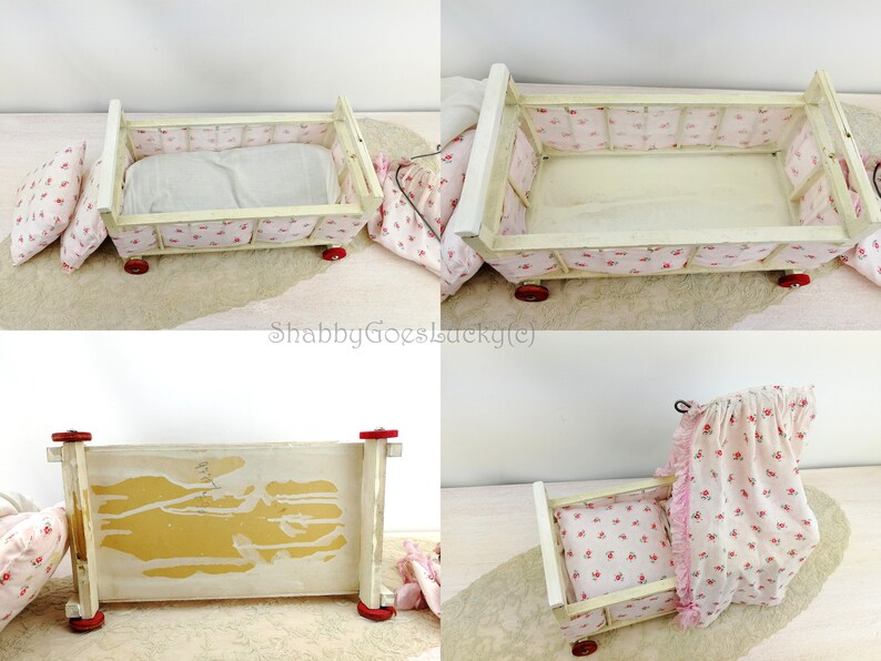 Vintage Doll Bed With Canopy on Wheels Flowery Original Etsy