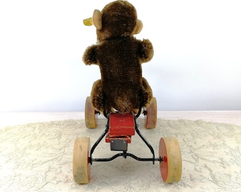 Steiff Mohair Monkey With Ids Sitting on Carriage Vintage 1949 to