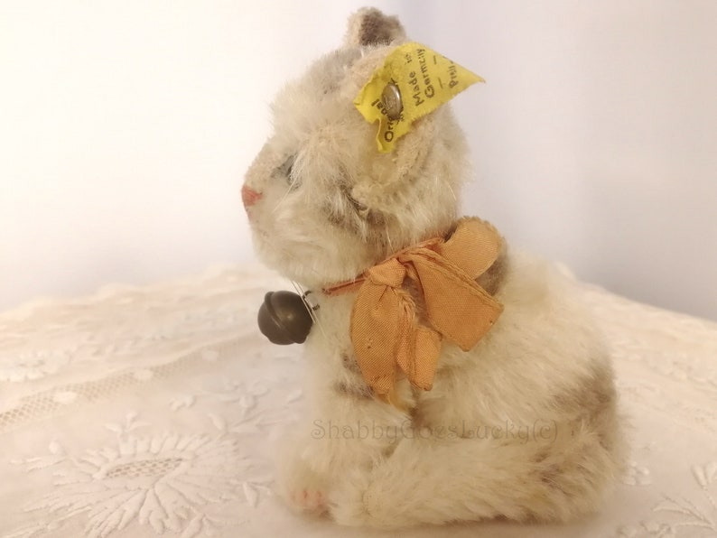 bow Vintage Steiff cat Susi with original Steiff button smallest 4 inch edition label sitting mohair tabby bell produced 1959 \u2013 1964