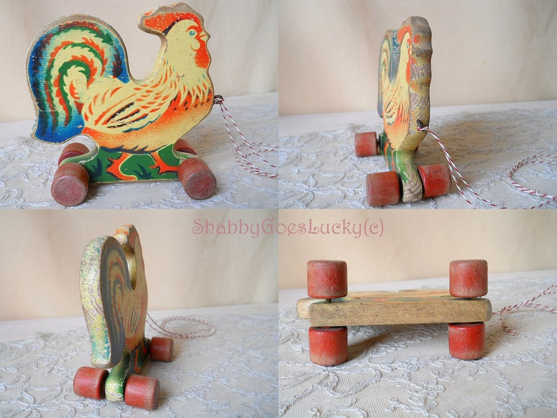 Vintage Wooden Pull Toy Rooster on Wheels Small Colourful Old Etsy
