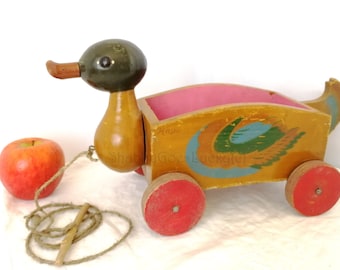 Toy wagon as a duck vintage 1950s wooden 13 inches long