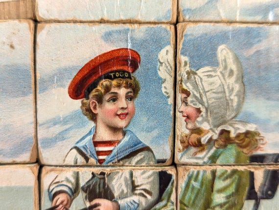 Antique Wooden Lithographed Picture Puzzle Blocks Marked J.A.K.