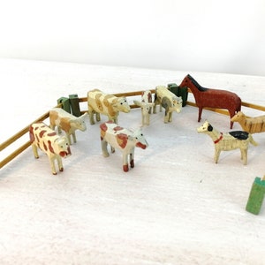 Antique Erzgebirge Miniature Farm Animals 9 wooden Putz cows horse dog and fences