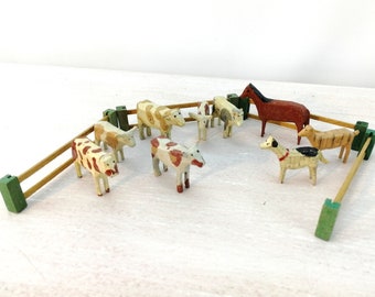 Antique Erzgebirge Miniature Farm Animals 9 wooden Putz cows horse dog and fences